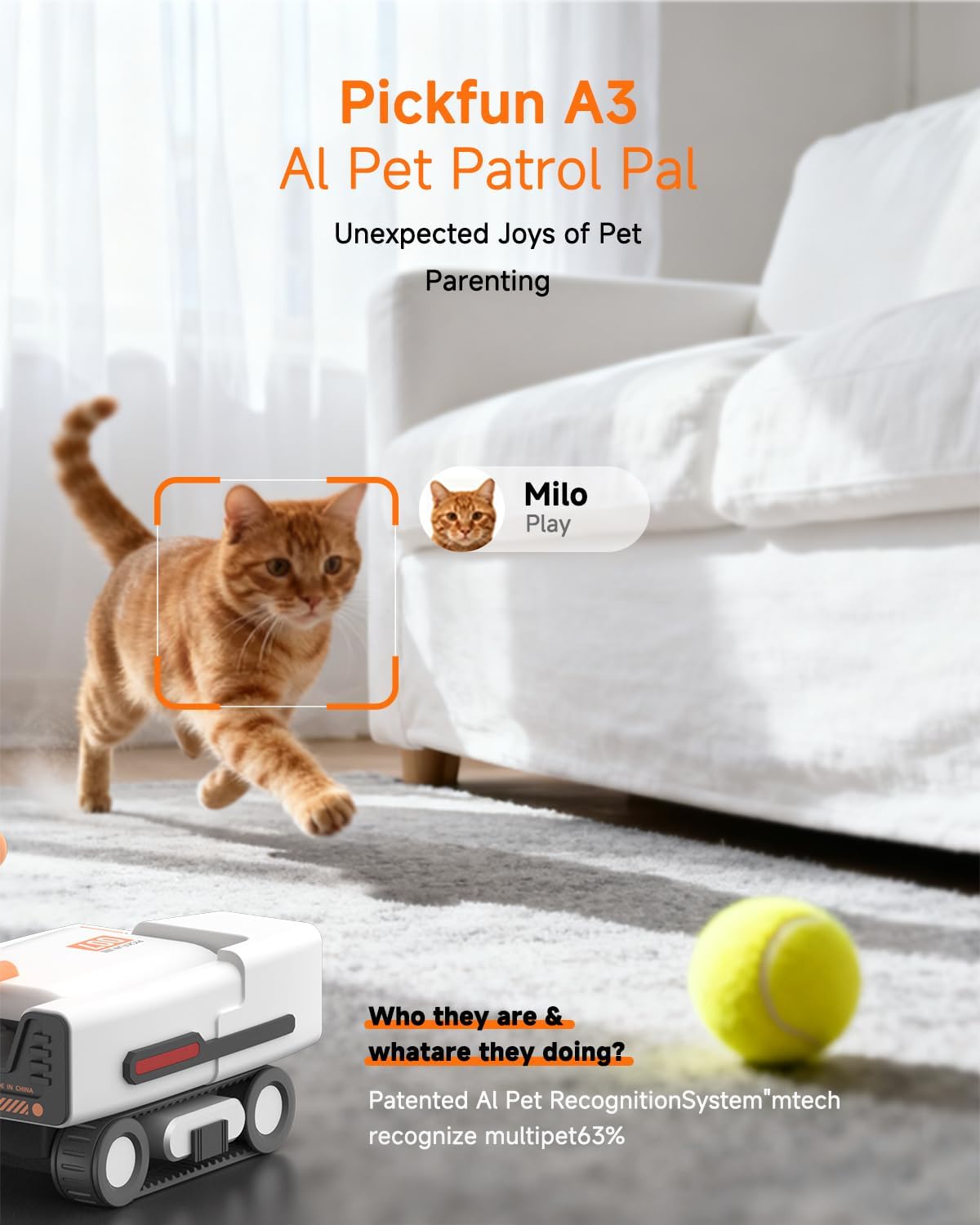 A3 Self-Moving Pet Camera AI-Powered Rover with Auto Tracking & Patrol, 2K Live View, Night Vision, 2-Way Talk, and Auto-Recharge for Cats and Dogs