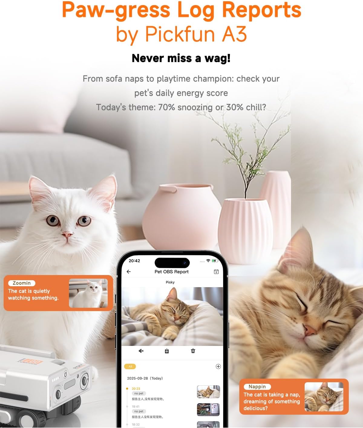 A3 Self-Moving Pet Camera AI-Powered Rover with Auto Tracking & Patrol, 2K Live View, Night Vision, 2-Way Talk, and Auto-Recharge for Cats and Dogs