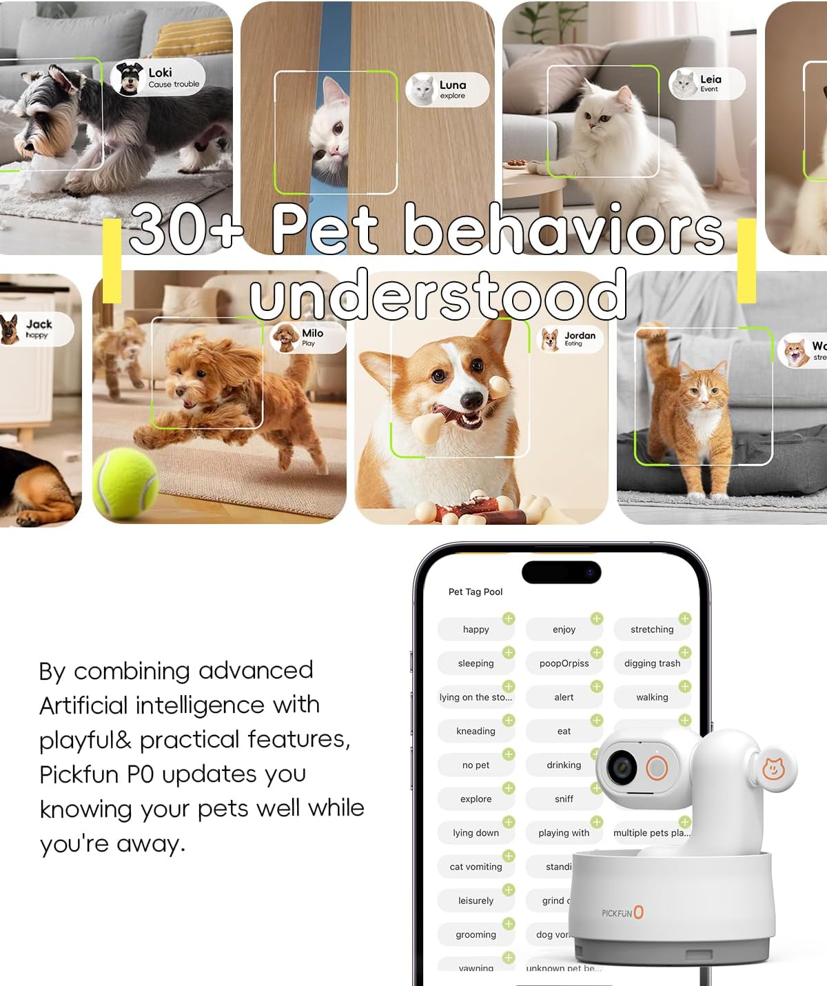 P0 AI Pet Camera with 2K Tracking, Auto Video Recording Editing & Smart Alerts, 350° Panoramic View with Night Vision, Two-Way Audio, Privacy Protection & Local Storage for Cat/Dog Monitoring